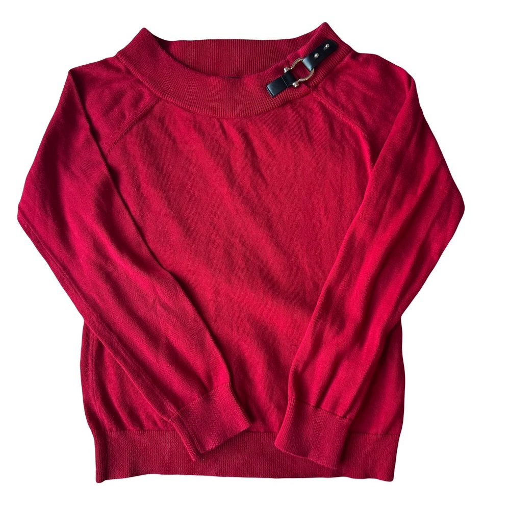RALPH LAUREN Green Label Red Cotton Sweater Faux Leather Buckle Detail Women’s M